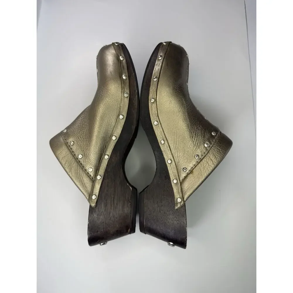 Michael Kors Gold Studded Leather Mule Wedge Heels Closed Toe Slip On 8 M